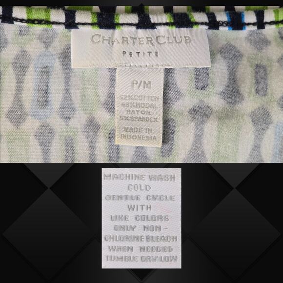 3/$25 Charter Club Petite Black Green White Geometric Square Neck Top Size PM - Picture 9 of 11